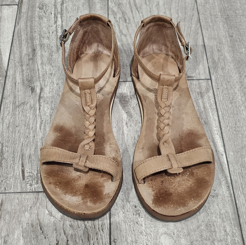 RAINBOW Women Califia Tan Leather T-Strap Ankle Strap Flat Sandals 10M - Picture 2 of 6